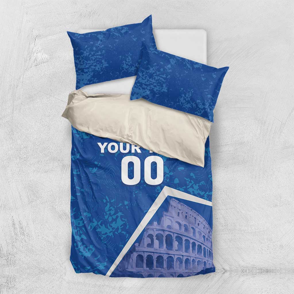 Blue bedding set with Colosseum print and matching pillowcases; YOUR TEXT 00 centered