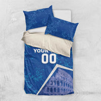 Blue bedding set with Colosseum print and matching pillowcases; YOUR TEXT 00 centered