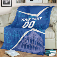 Blue football blanket with white diagonal stripes, “YOUR TEXT 00,” and Colosseum print