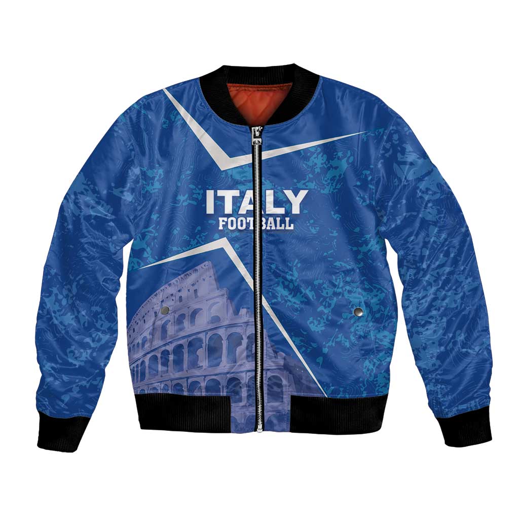 Blue bomber jacket with full zip, ribbed cuffs, Italy football graphic and Colosseum patch