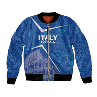 Blue bomber jacket with full zip, ribbed cuffs, Italy football graphic and Colosseum patch