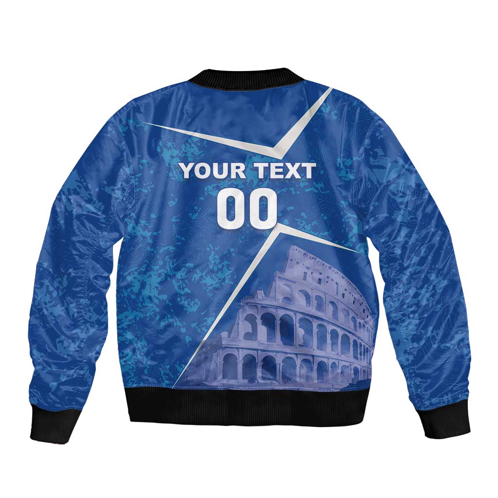 Blue bomber jacket with full zip, ribbed cuffs, back graphic with your text 00 and Colosseum