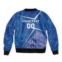 Blue bomber jacket with full zip, ribbed cuffs, back graphic with your text 00 and Colosseum