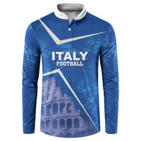Blue button-front football sweatshirt with white collar, Italy Football and Colosseum graphic