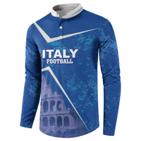 Blue button-front football sweatshirt with white trim, Italy Football front print and long sleeves