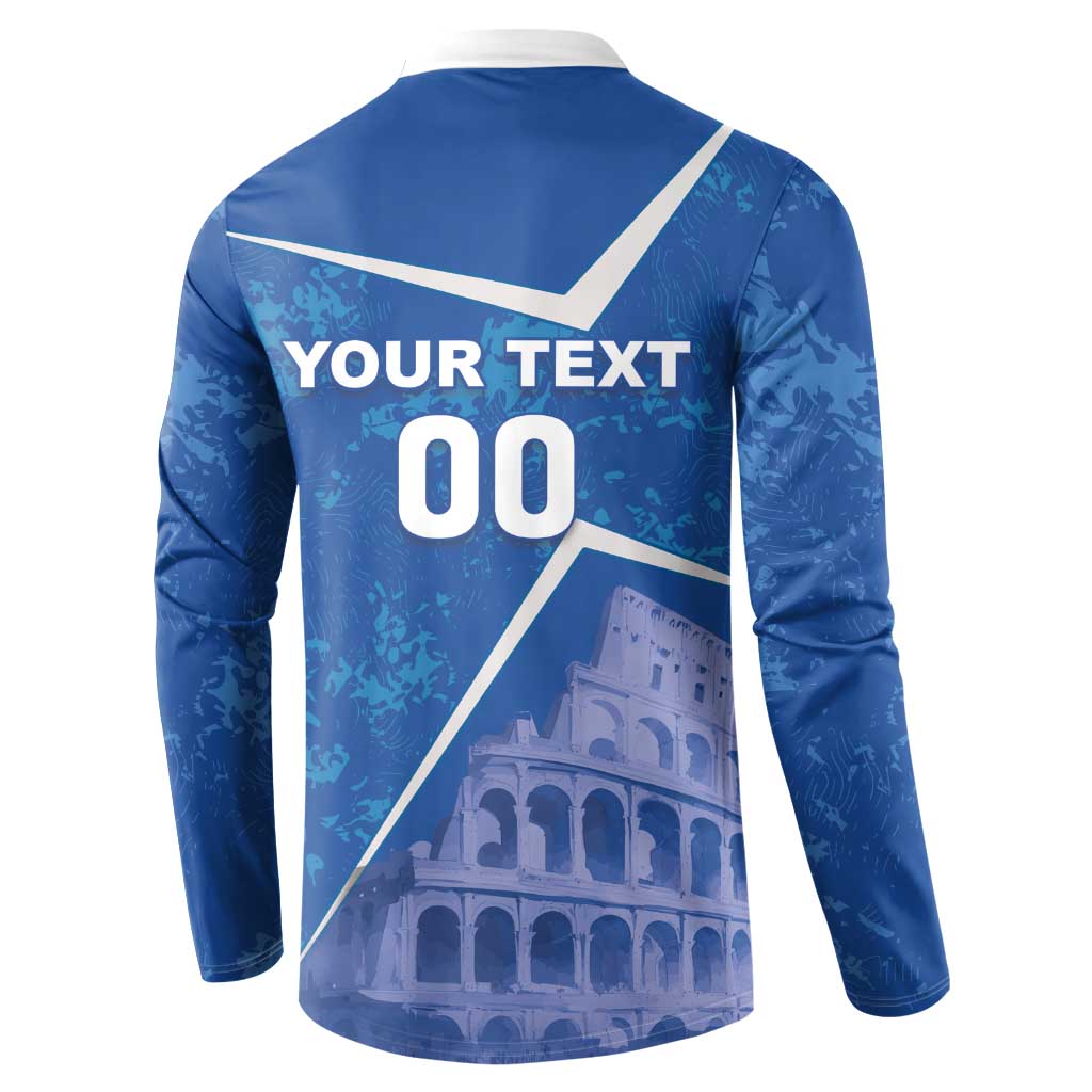 Blue football sweatshirt with white back text "YOUR TEXT 00" and Colosseum graphic