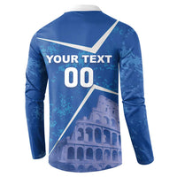 Blue football sweatshirt with white back text "YOUR TEXT 00" and Colosseum graphic