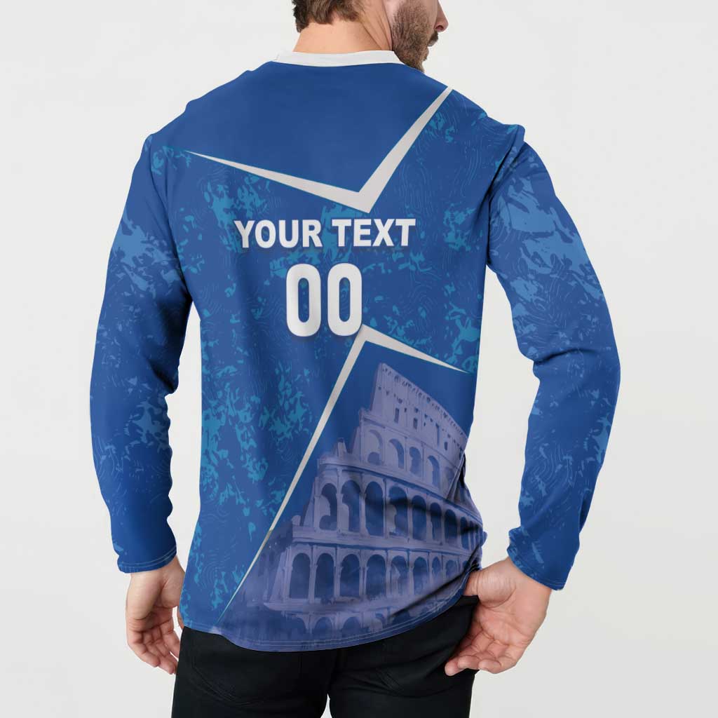 Blue football sweatshirt back view with "YOUR TEXT 00" text and Colosseum design