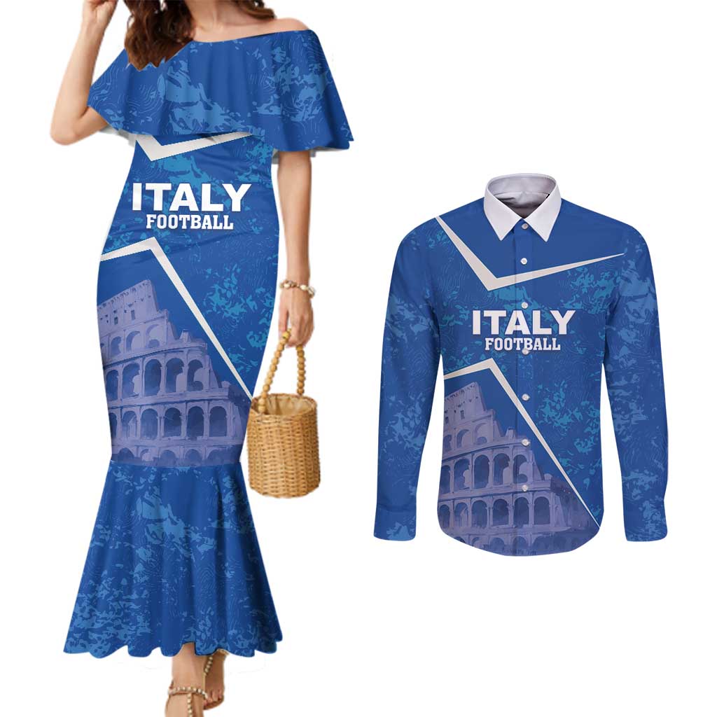 Custom Italy Football Couples Matching Mermaid Dress and Long Sleeve Button Shirt With Colosseum