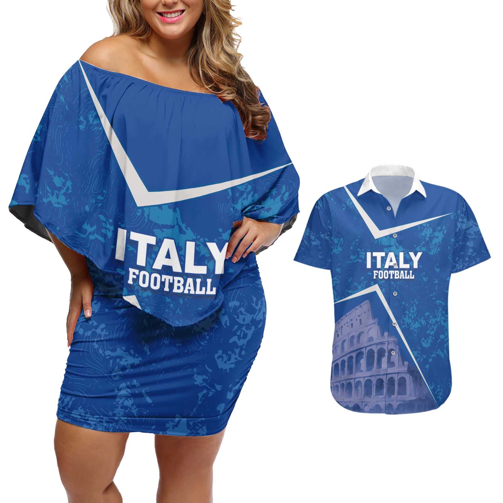 Custom Italy Football Couples Matching Off Shoulder Short Dress and Hawaiian Shirt With Colosseum - Wonder Print Shop