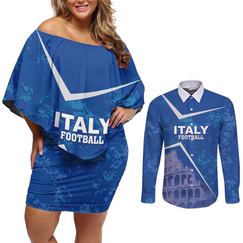 Custom Italy Football Couples Matching Off Shoulder Short Dress and Long Sleeve Button Shirt With Colosseum - Wonder Print Shop