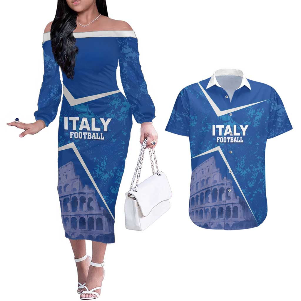 Custom Italy Football Couples Matching Off The Shoulder Long Sleeve Dress and Hawaiian Shirt With Colosseum - Wonder Print Shop