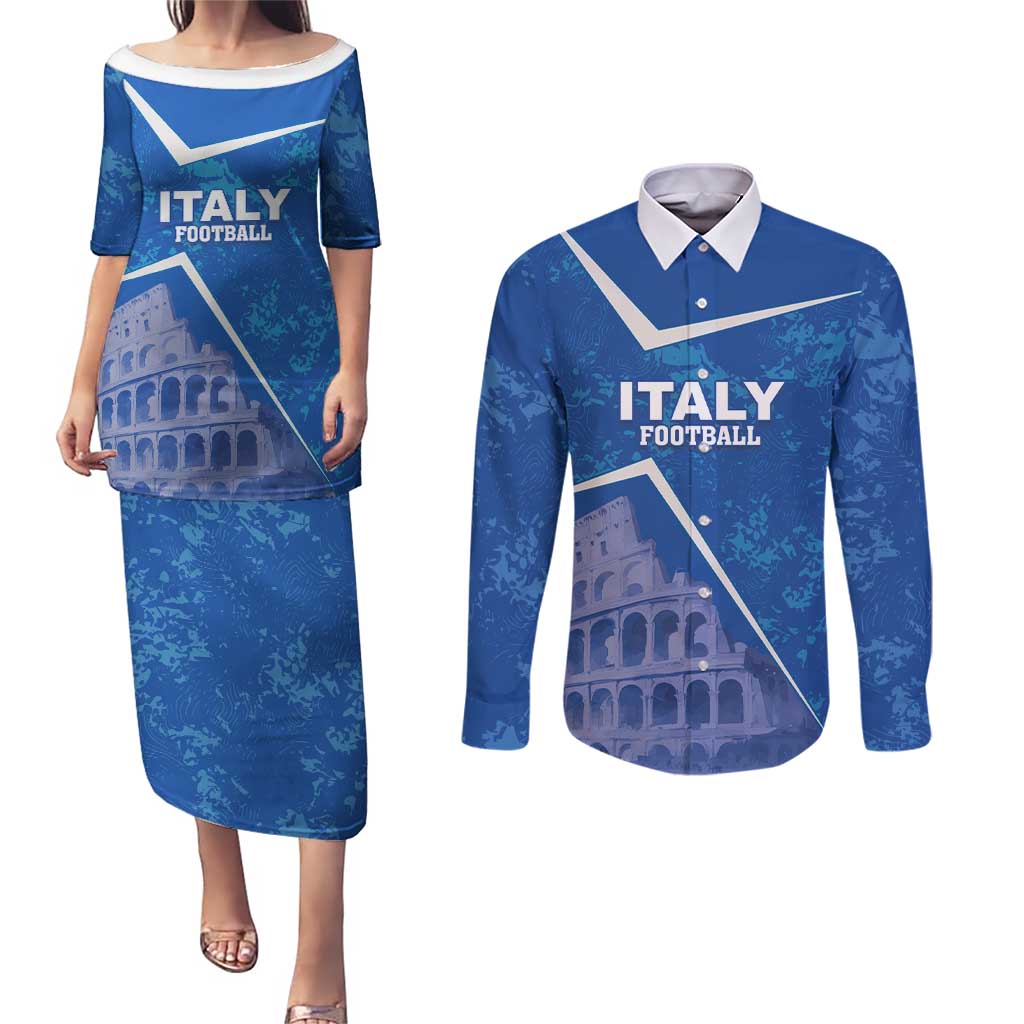 Custom Italy Football Couples Matching Puletasi and Long Sleeve Button Shirt With Colosseum - Wonder Print Shop