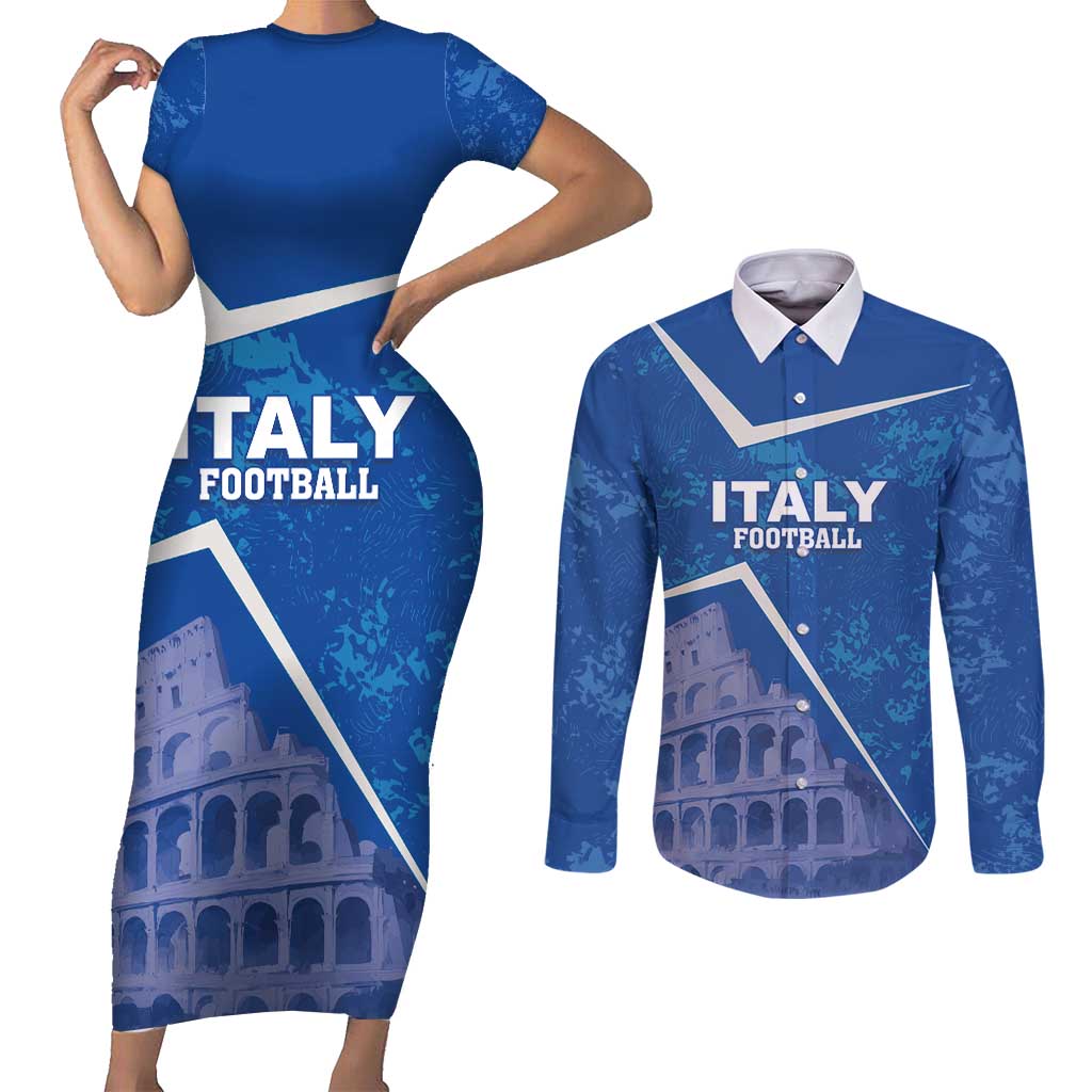 Custom Italy Football Couples Matching Short Sleeve Bodycon Dress and Long Sleeve Button Shirt With Colosseum - Wonder Print Shop