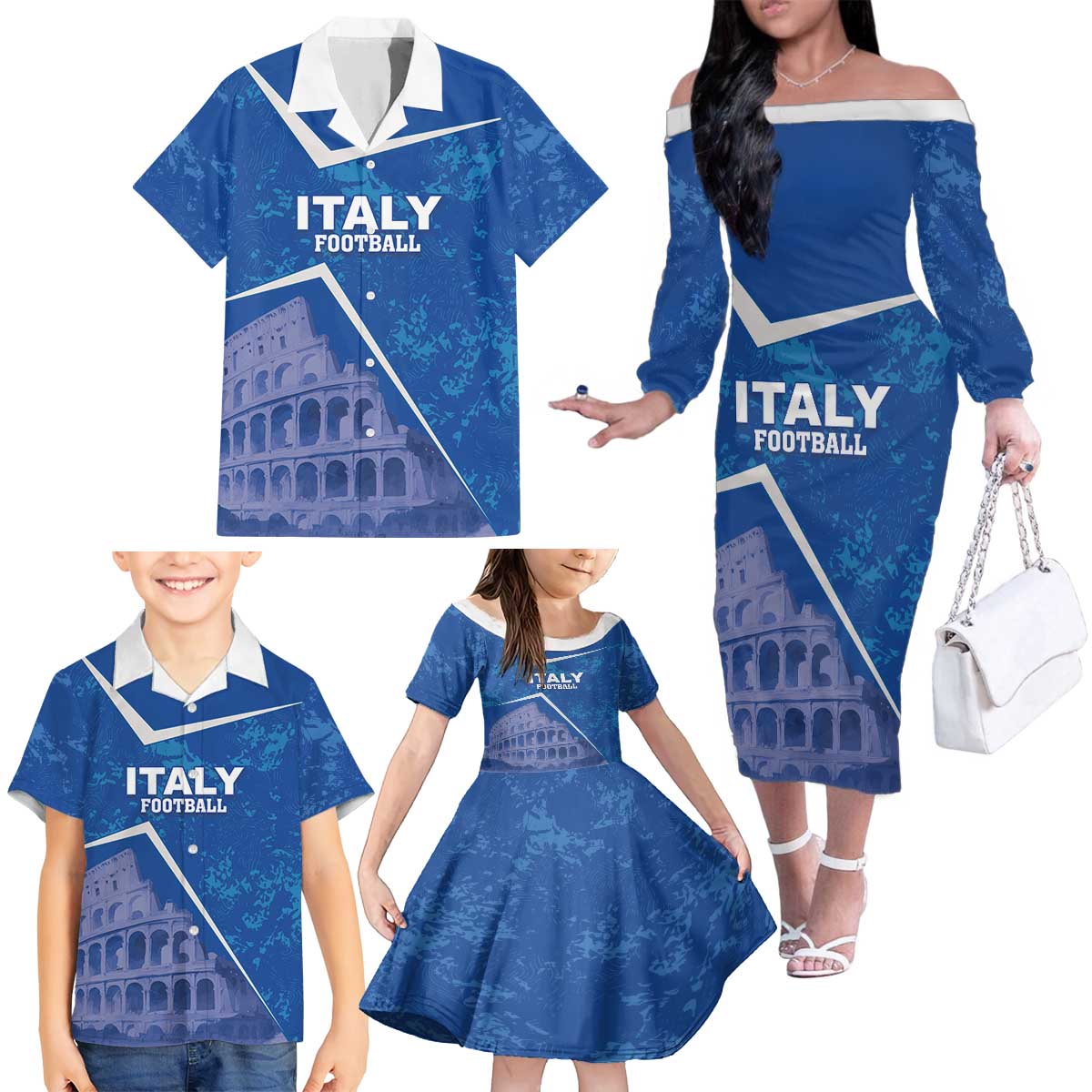 Custom Italy Football Family Matching Off The Shoulder Long Sleeve Dress and Hawaiian Shirt With Colosseum - Wonder Print Shop