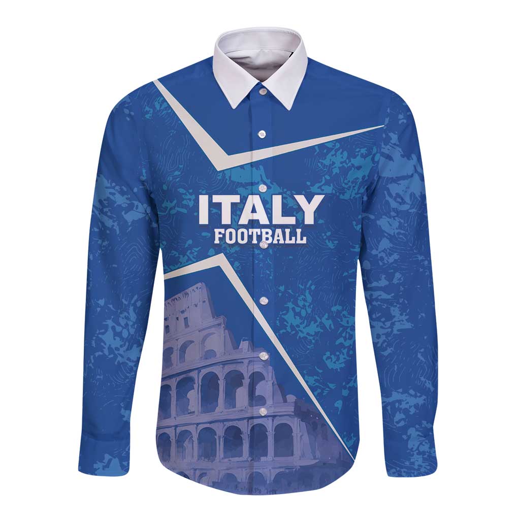 Blue long-sleeve button football shirt with white collar and Italy Football graphic