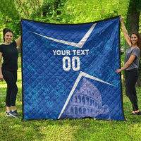 Blue custom quilt spread outdoors: white diagonal stripe, YOUR TEXT 00, Colosseum