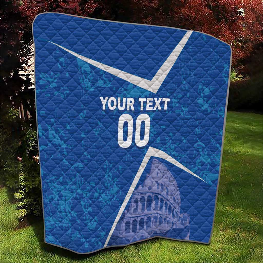 Blue quilt with diamond stitching, white diagonal stripe, YOUR TEXT 00, Colosseum