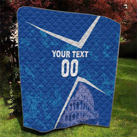 Blue quilt with diamond stitching, white diagonal stripe, YOUR TEXT 00, Colosseum