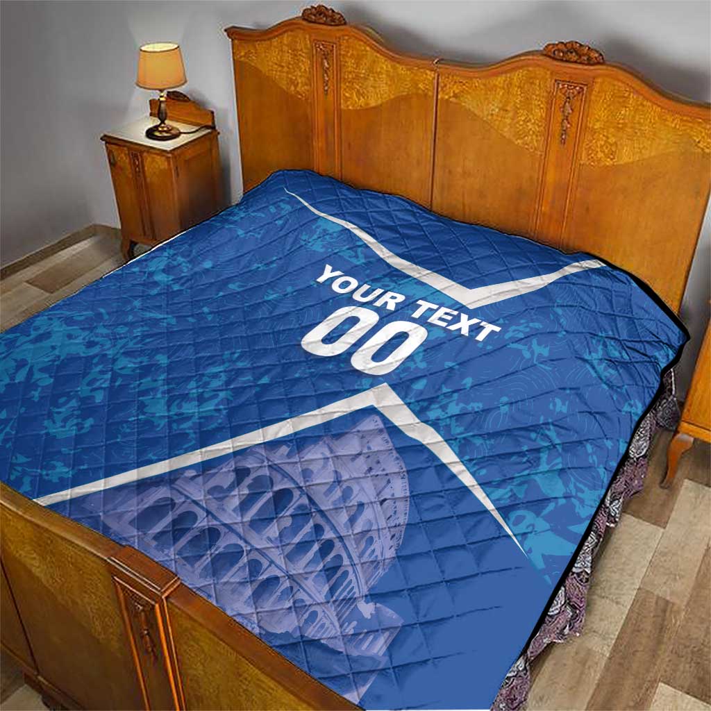 Blue quilt on bed with white diagonal stripe, YOUR TEXT 00, Colosseum print
