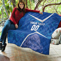 Blue custom quilt with white diagonal stripe, YOUR TEXT 00, Colosseum graphic