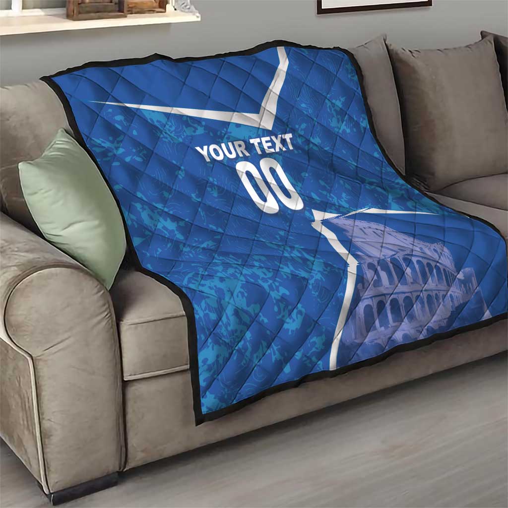 Blue quilt on sofa with white diagonal stripe, YOUR TEXT 00, Colosseum graphic