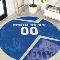 Blue round football carpet with white 'YOUR TEXT 00' and Colosseum stadium image