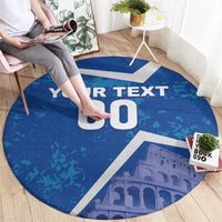 Blue round football carpet with 'YOUR TEXT 00' in white and Colosseum graphic