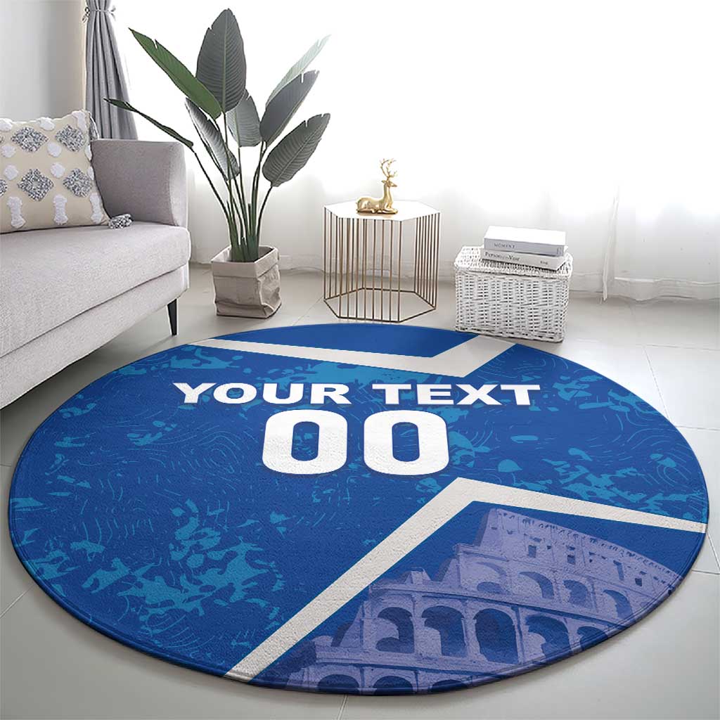 Blue round football carpet: white 'YOUR TEXT 00' and Colosseum print