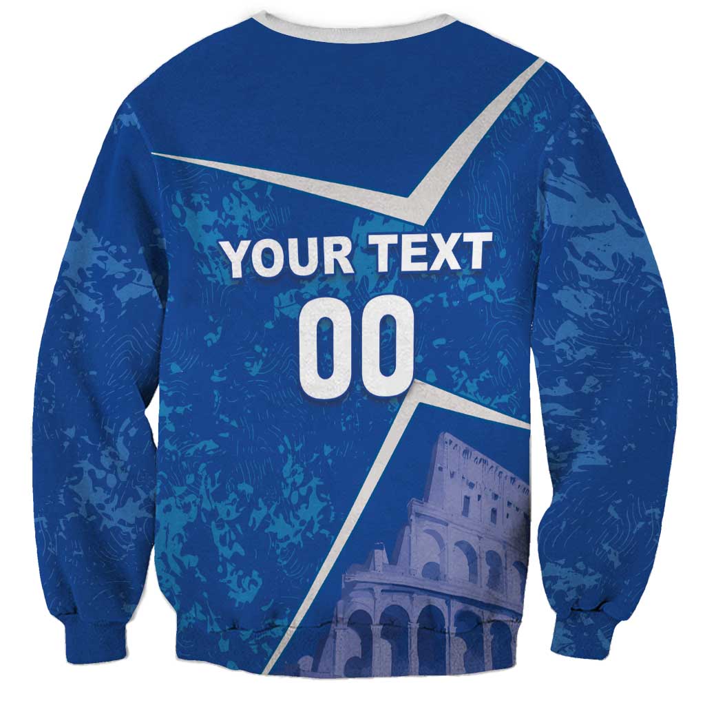 Blue football sweatshirt back with Your Text 00 print and Colosseum graphic
