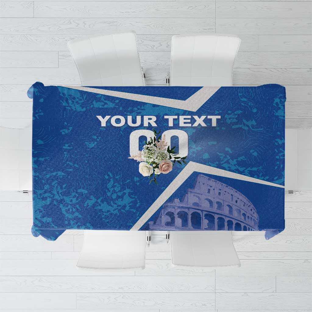 Blue tablecloth with Colosseum graphic, 'YOUR TEXT', and white number 0