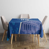 Blue football tablecloth with Colosseum print and white geometric border