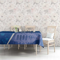 Blue football tablecloth with Colosseum artwork, white border, and angled corner panels