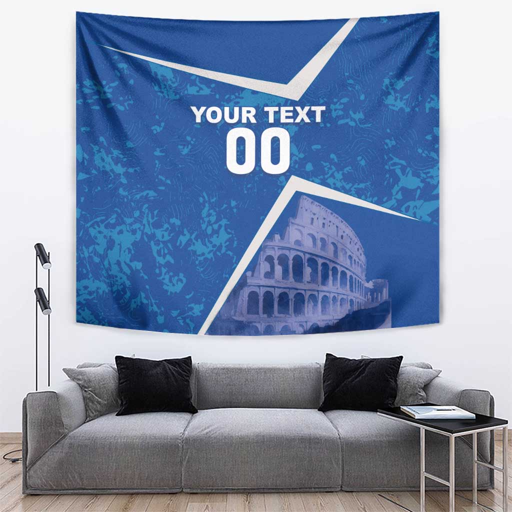 Blue rectangular tapestry with Colosseum graphic and 'YOUR TEXT 00' in white