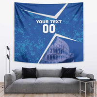 Blue rectangular tapestry with Colosseum graphic and 'YOUR TEXT 00' in white