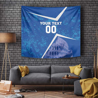 Blue wall-hanging tapestry showing Colosseum image and 'YOUR TEXT 00'