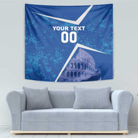 Blue hanging tapestry with Colosseum artwork and 'YOUR TEXT 00' text