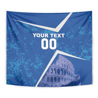 Close-up blue tapestry corner with 'YOUR TEXT 00' and Colosseum panel