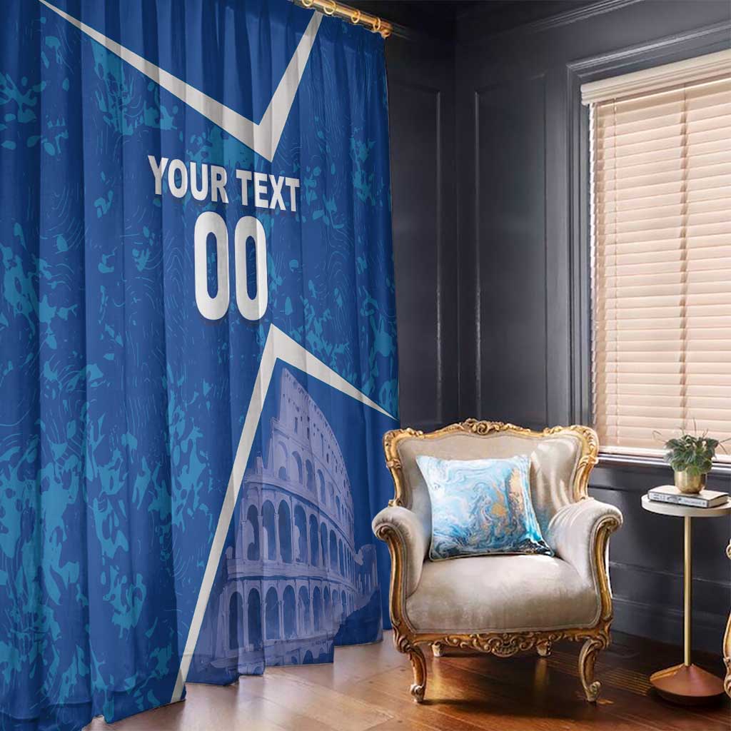 Blue window curtain with white diagonal stripe, Colosseum scene, and custom text overprint.