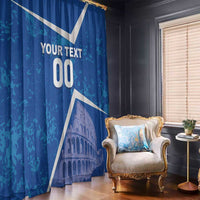 Blue window curtain with white diagonal stripe, Colosseum scene, and custom text overprint.