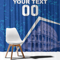 Close-up of blue curtain fabric with white custom text area and Colosseum building print.