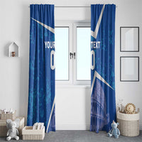 Blue curtain panels with white diagonal stripes, Colosseum artwork, and custom text layout.