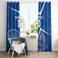 Blue window curtain set with white diagonal stripes, Colosseum print, and custom text area.
