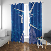 Blue window curtains with white diagonal stripe accents and Colosseum graphic with custom text.