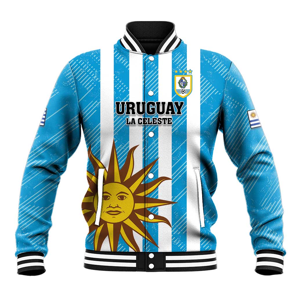Blue and white striped baseball jacket with ribbed collar, button front, crest and sun