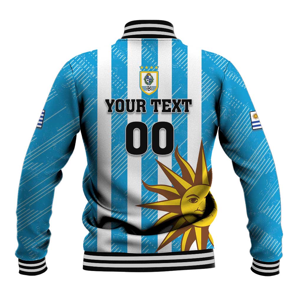 Blue/white striped baseball jacket back with YOUR TEXT 00 and sun emblem
