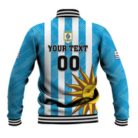 Blue/white striped baseball jacket back with YOUR TEXT 00 and sun emblem