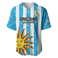 Blue and white striped Uruguay football baseball jersey with button front and sun graphic