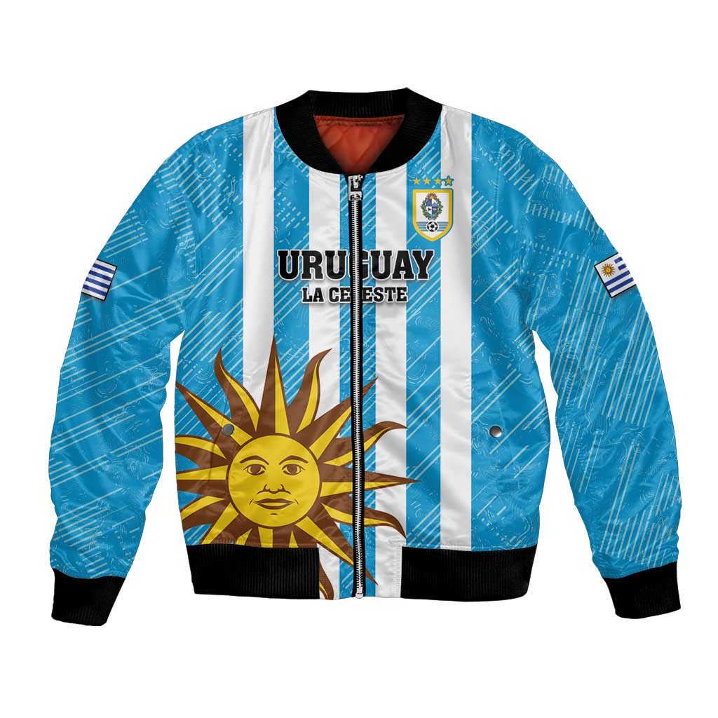 Unisex blue striped football bomber jacket with full-zip, crest and sun emblem