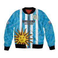 Unisex blue striped football bomber jacket with full-zip, crest and sun emblem